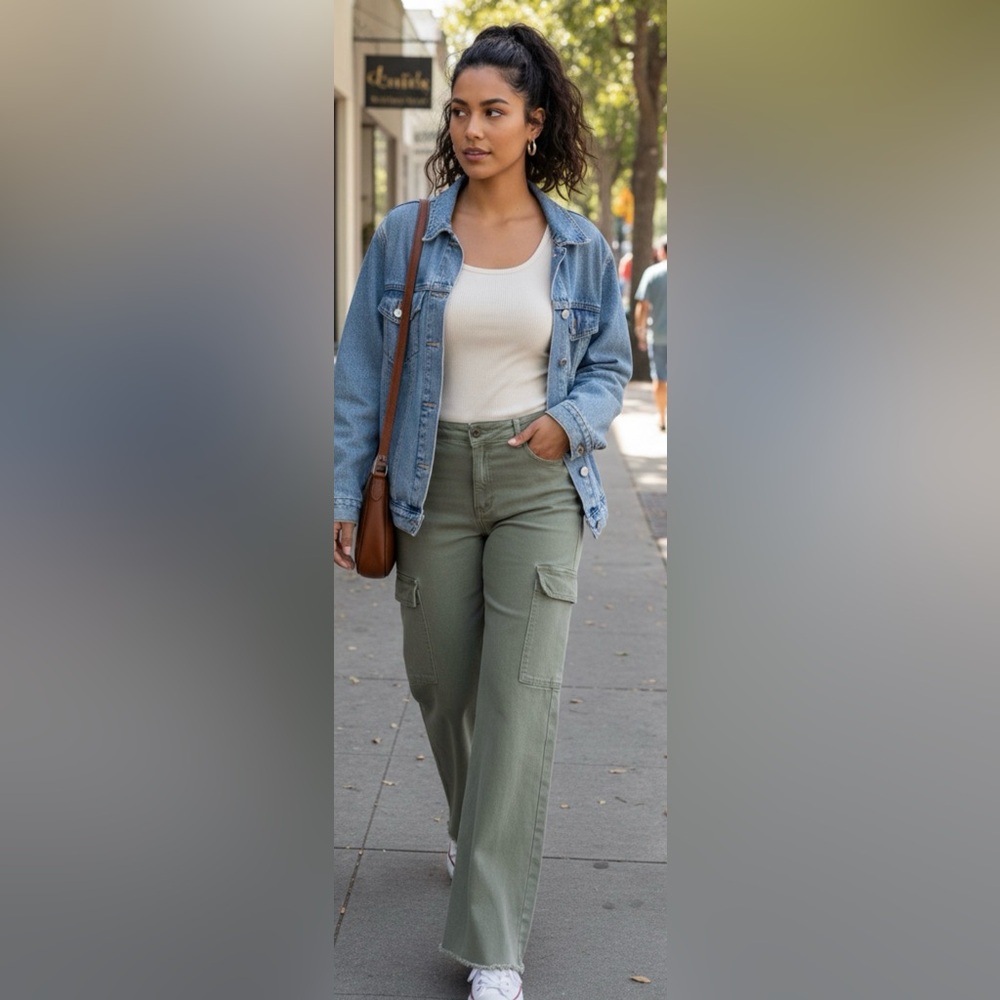 Oat Jeans Womens Size 12/31 Sage Green Cargo Raw Hem Utility Combat Trendy Wide - Picture 2 of 15